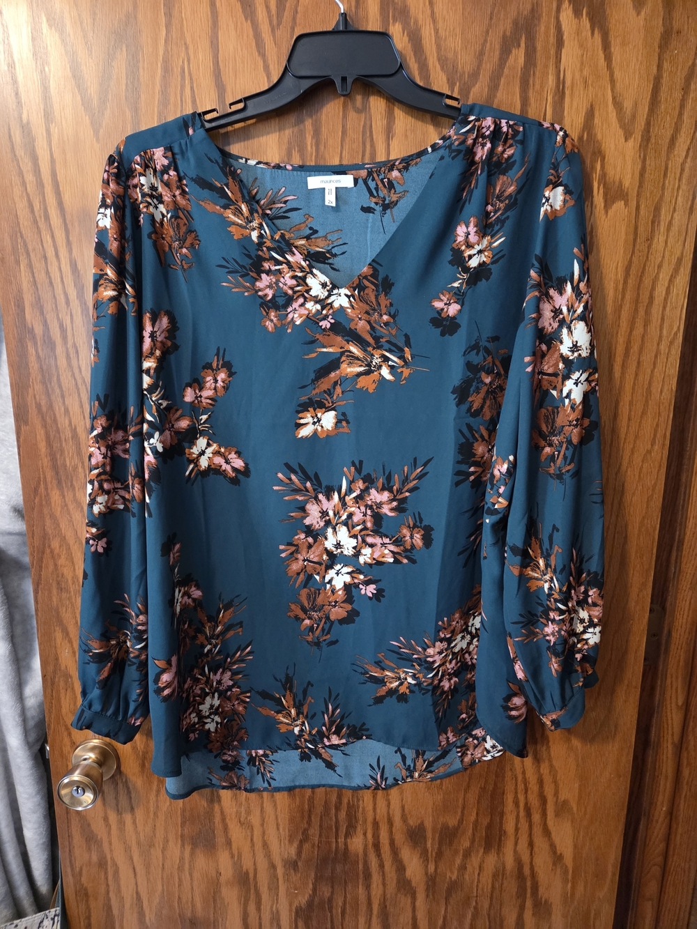 Maurices Teal Floral V-Neck Blouse with Rust and Pink Accents